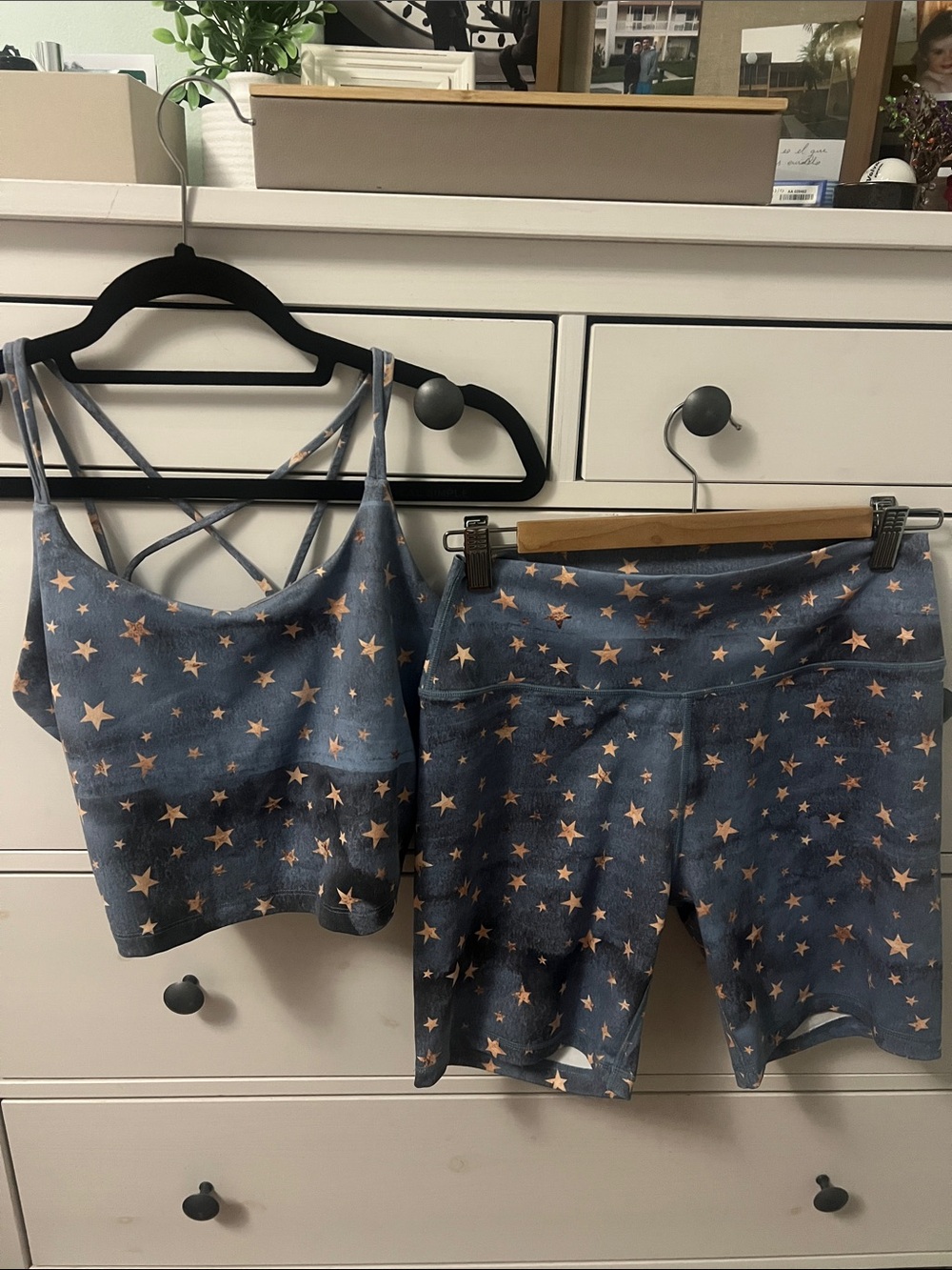 Star Print Strappy Bralette & High-Waist Shorts Set - Blue